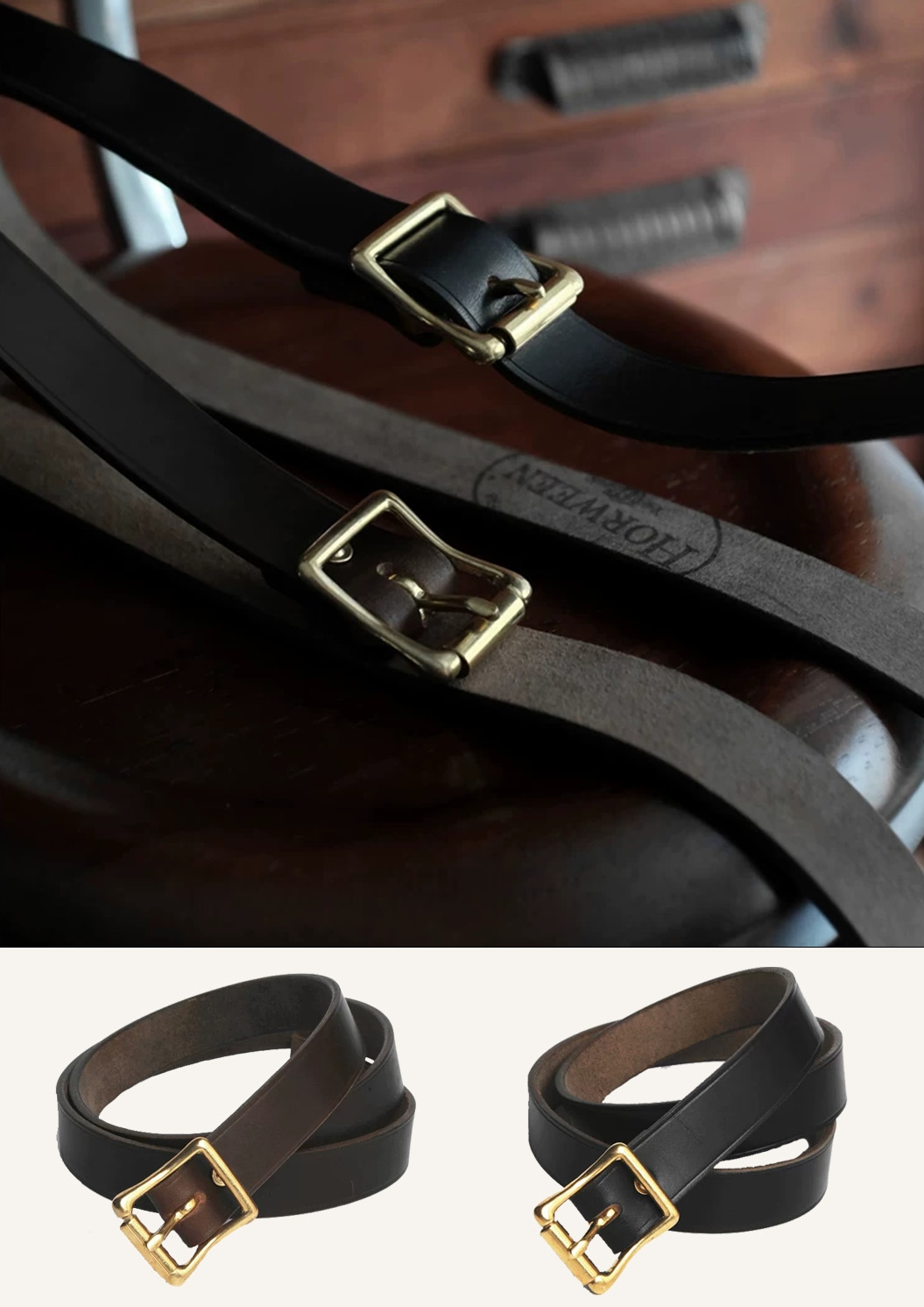 Movego leather belts with brass buckles shown in a workshop and in two finishes