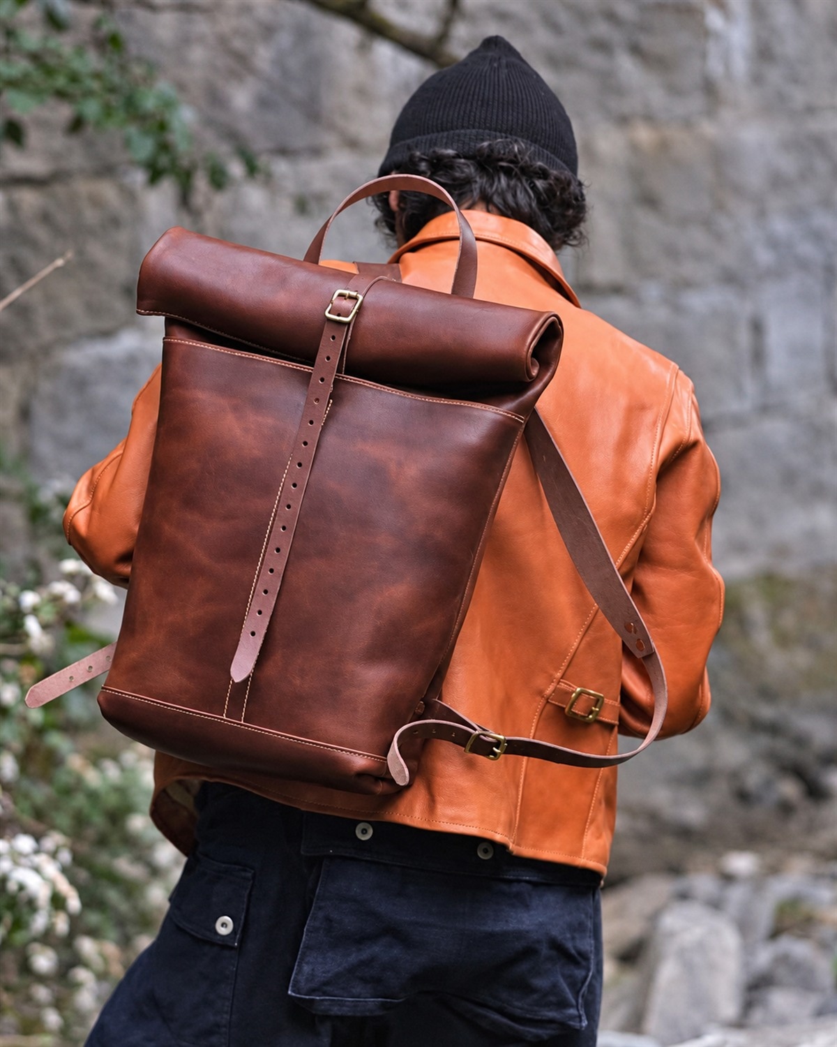 A Movego leather backpack outdoors